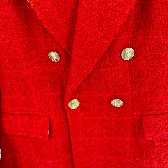Zara Red Tweed Double Breasted Blazer Gold Buttons XS Holiday Party Chic - Picture 4 of 7